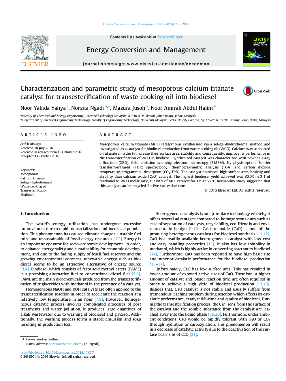 Characterization and parametric study of mesoporous calcium titanate catalyst for transesterification of waste cooking oil into biodiesel