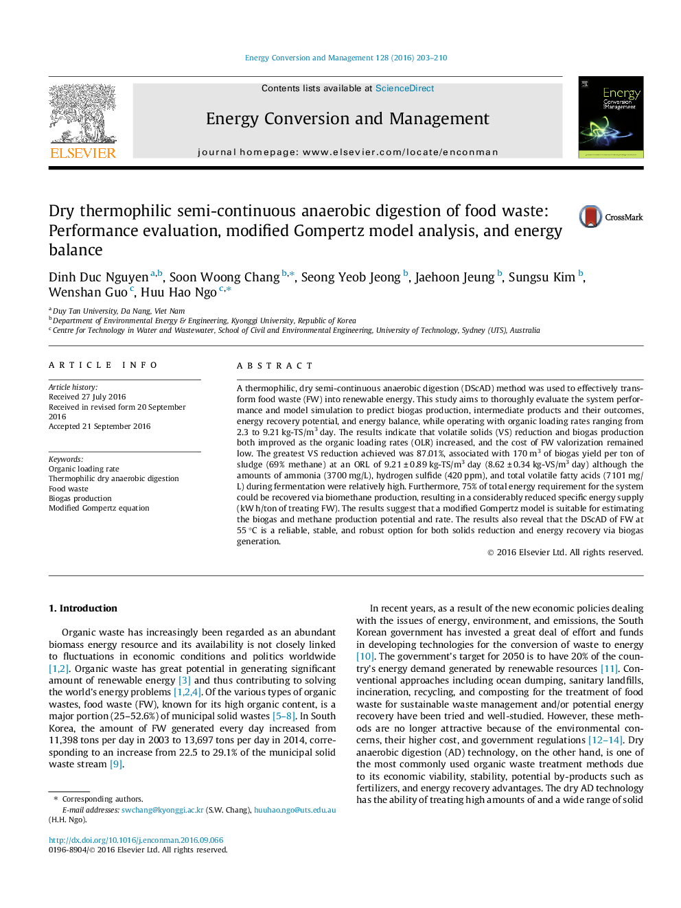 Dry thermophilic semi-continuous anaerobic digestion of food waste: Performance evaluation, modified Gompertz model analysis, and energy balance