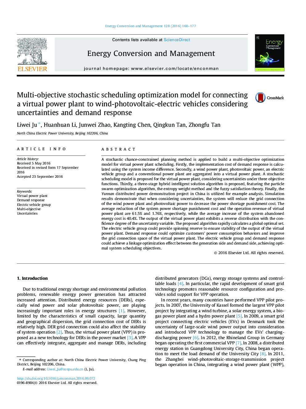 Multi-objective stochastic scheduling optimization model for connecting a virtual power plant to wind-photovoltaic-electric vehicles considering uncertainties and demand response