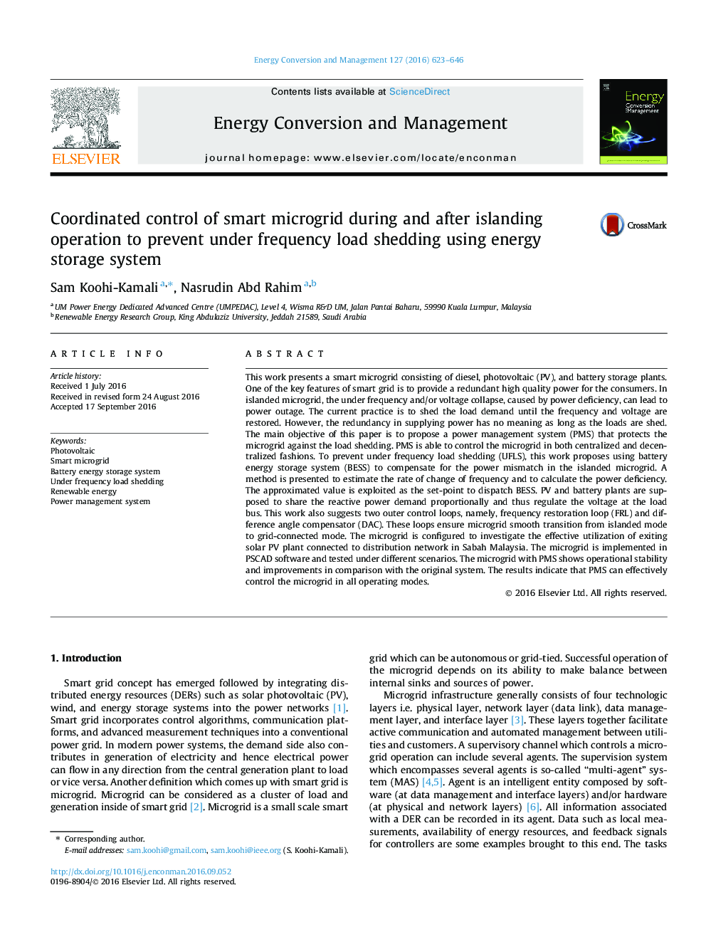 Coordinated control of smart microgrid during and after islanding operation to prevent under frequency load shedding using energy storage system