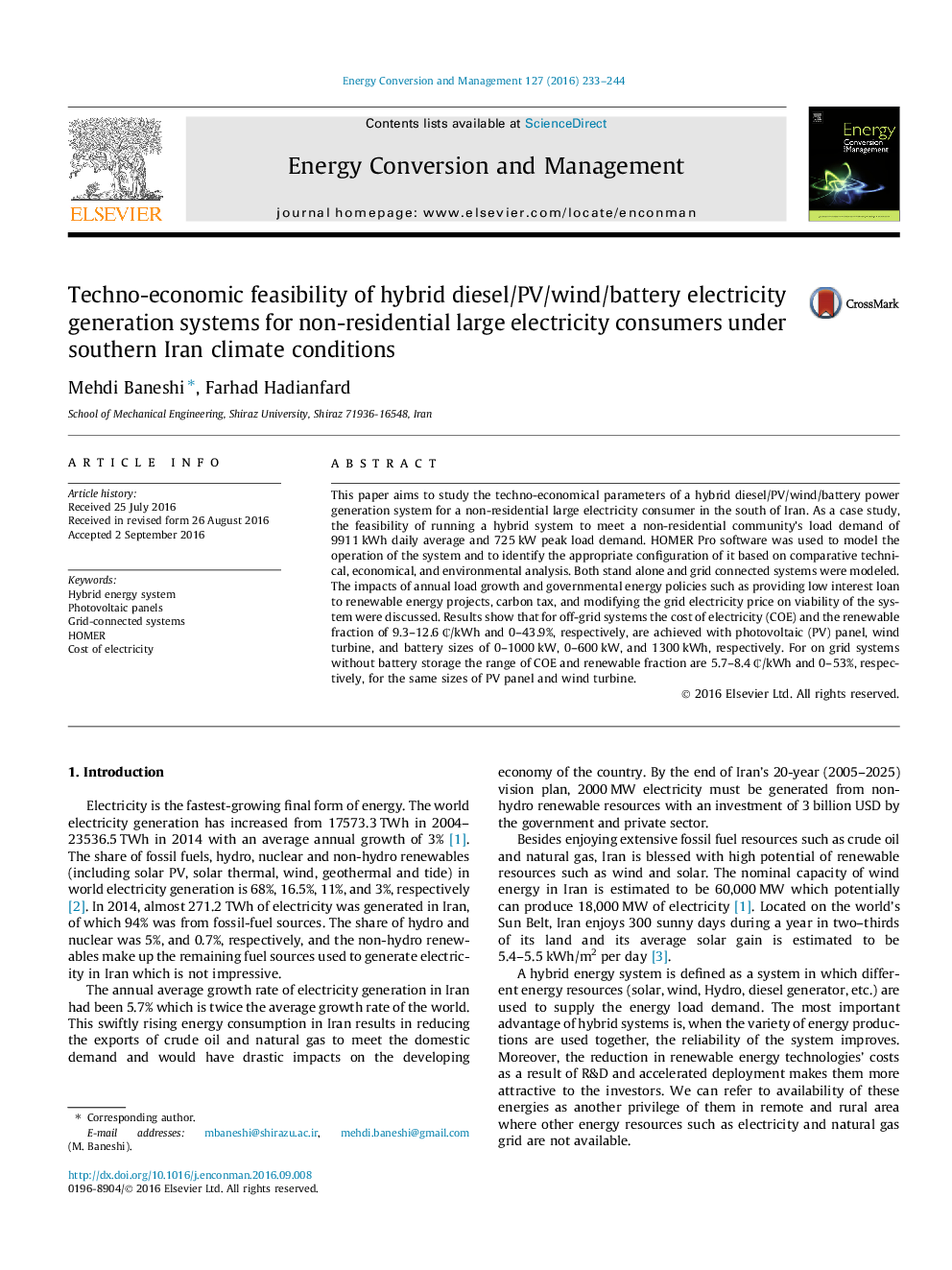 Techno-economic feasibility of hybrid diesel/PV/wind/battery electricity generation systems for non-residential large electricity consumers under southern Iran climate conditions