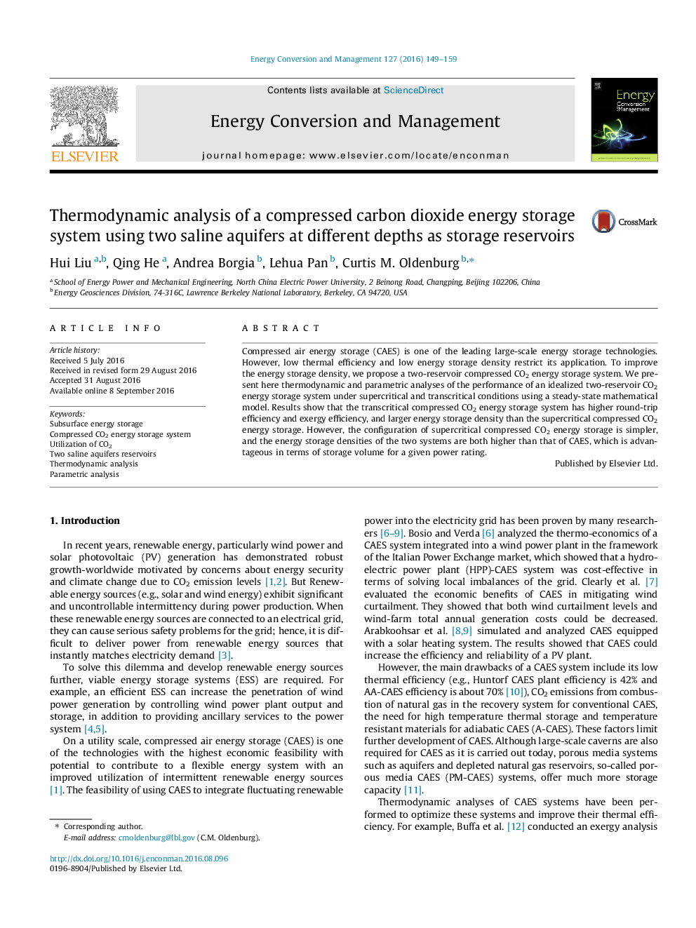 Thermodynamic analysis of a compressed carbon dioxide energy storage system using two saline aquifers at different depths as storage reservoirs