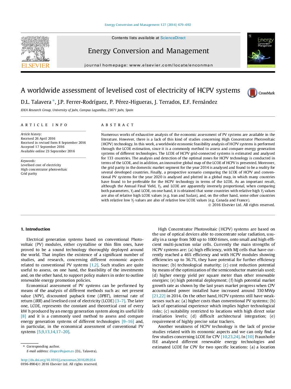 A worldwide assessment of levelised cost of electricity of HCPV systems