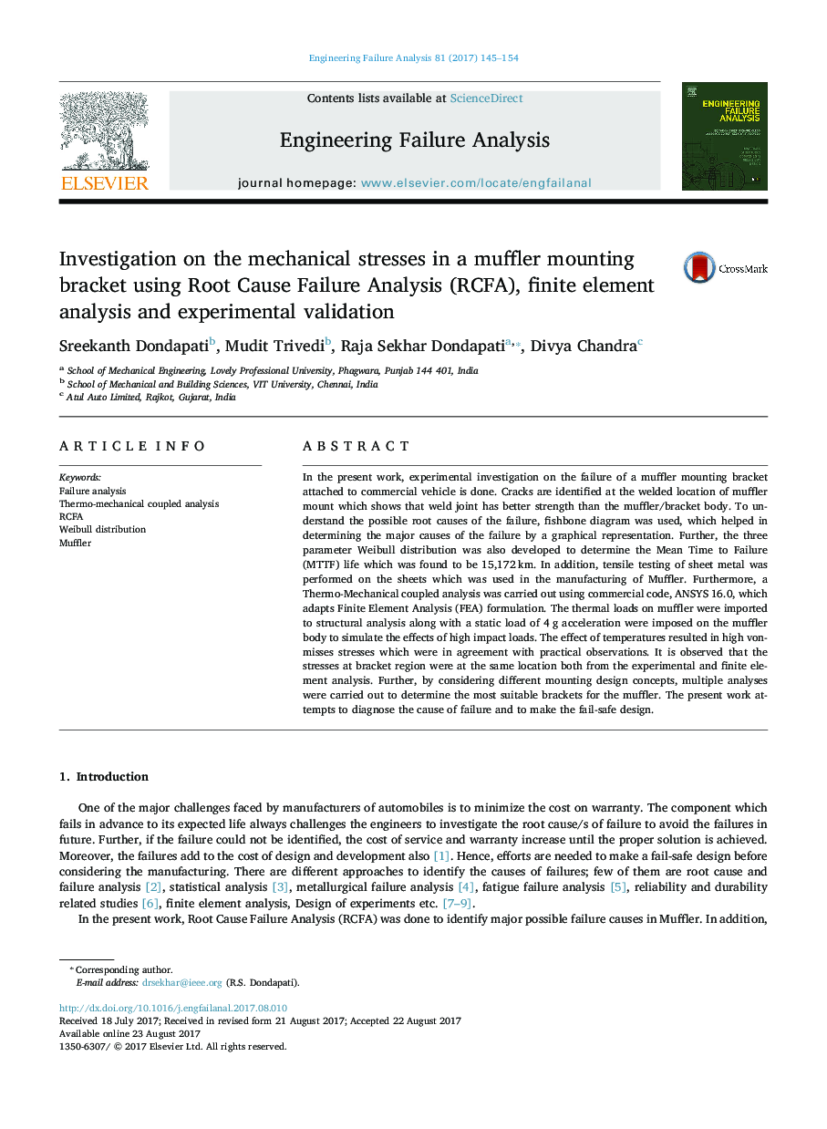 Investigation on the mechanical stresses in a muffler mounting bracket using Root Cause Failure Analysis (RCFA), finite element analysis and experimental validation
