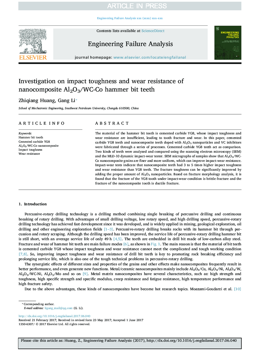 Investigation on impact toughness and wear resistance of nanocomposite Al2O3/WC-Co hammer bit teeth