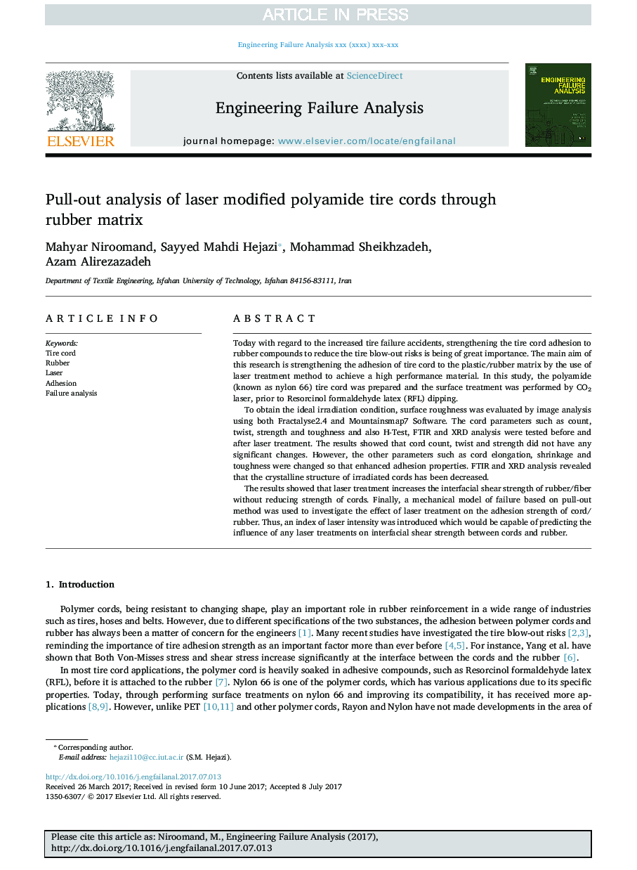 Pull-out analysis of laser modified polyamide tire cords through rubber matrix