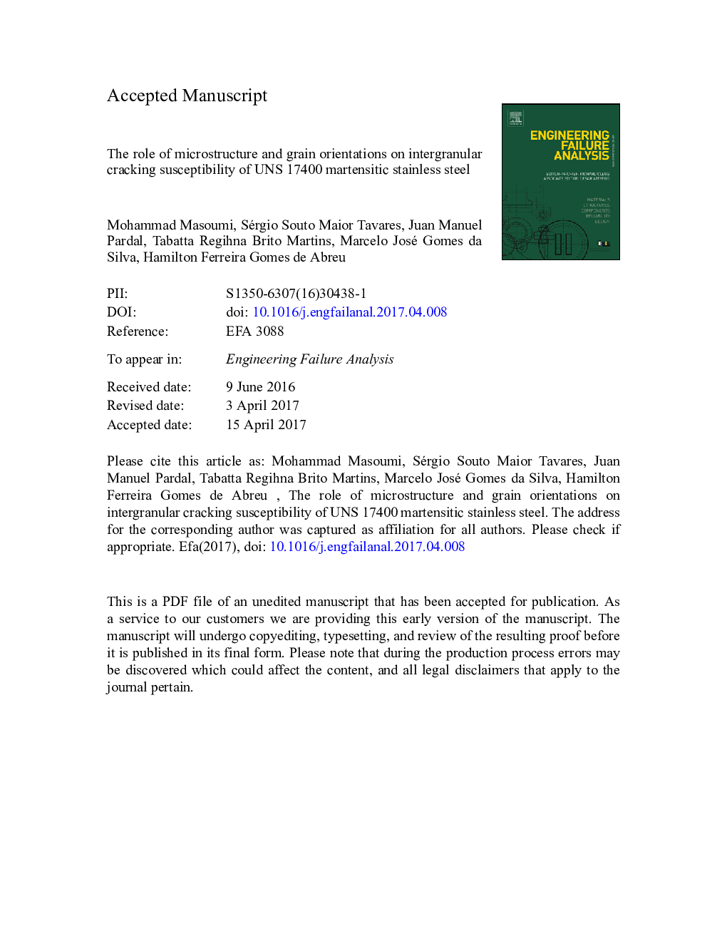 The role of microstructure and grain orientations on intergranular cracking susceptibility of UNS 17400 martensitic stainless steel