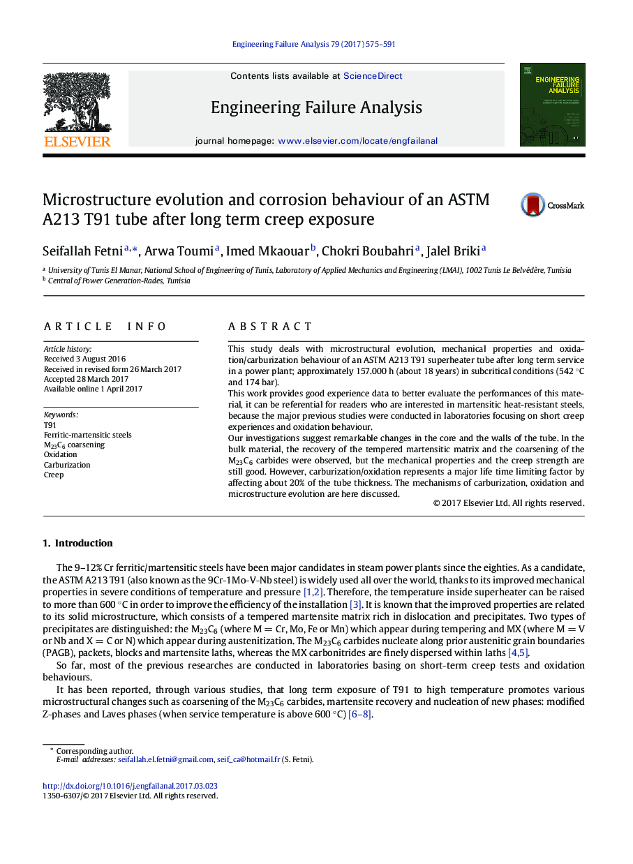 Microstructure evolution and corrosion behaviour of an ASTM A213 T91 tube after long term creep exposure