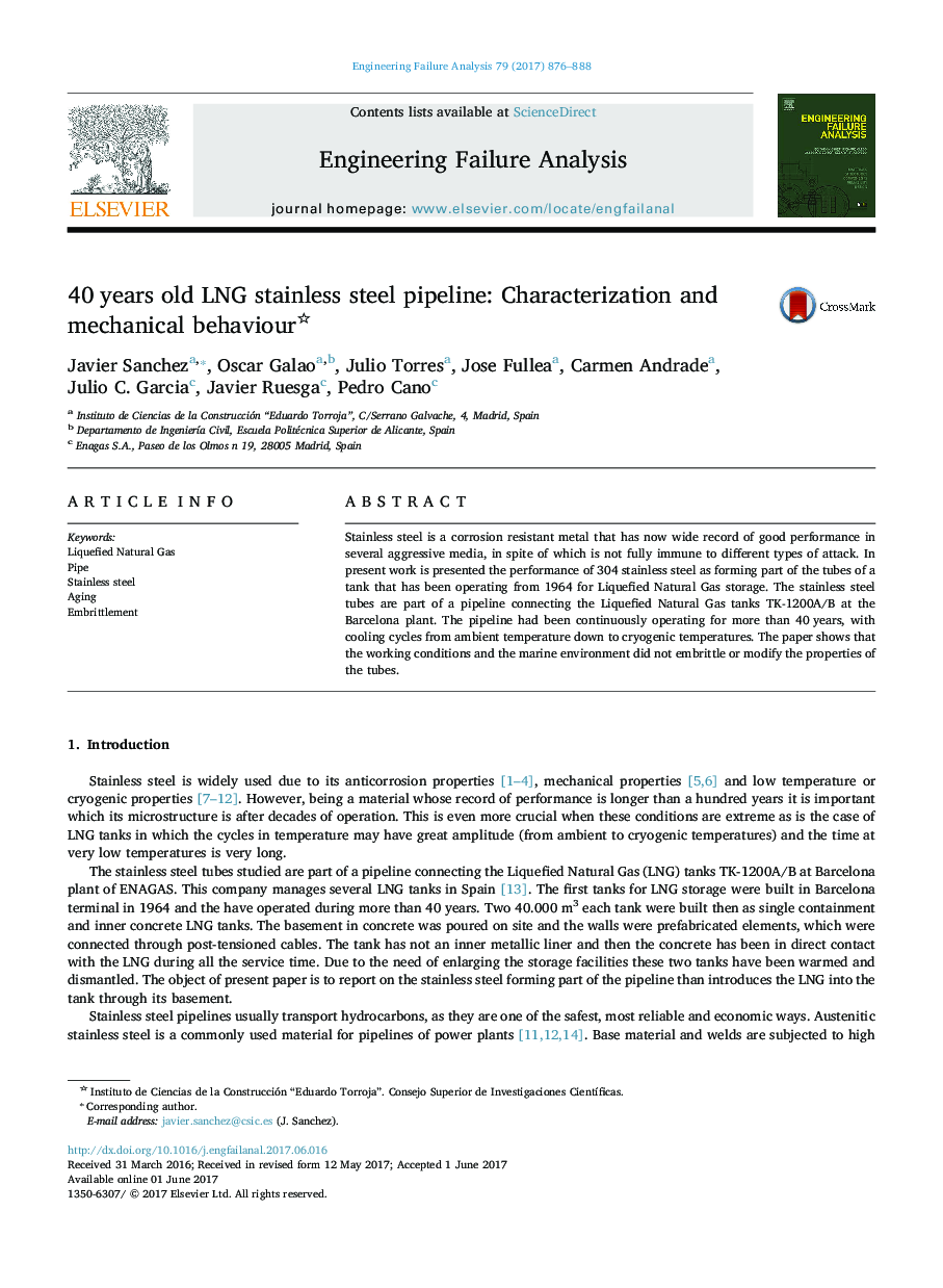 40Â years old LNG stainless steel pipeline: Characterization and mechanical behaviour