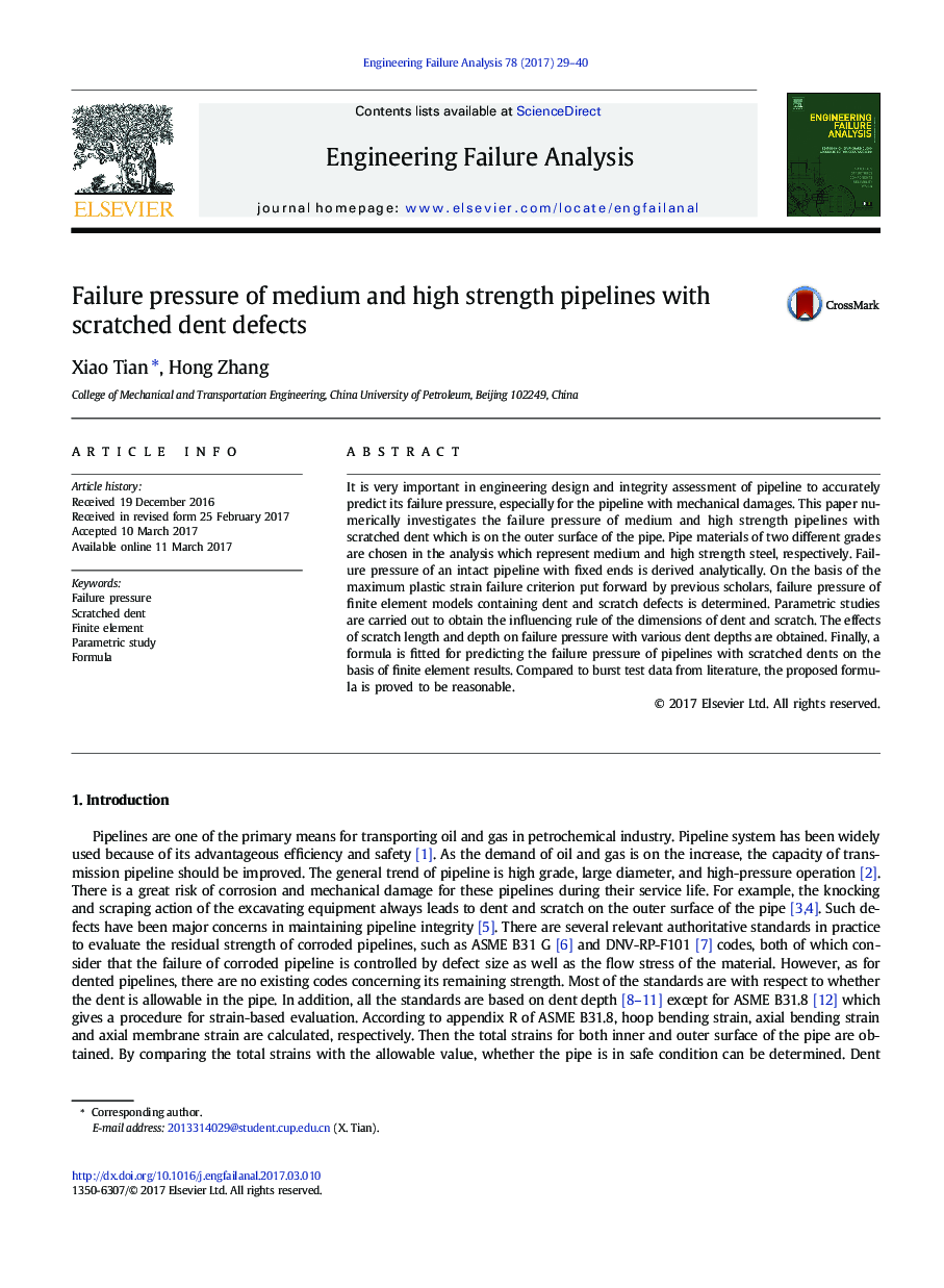 Failure pressure of medium and high strength pipelines with scratched dent defects