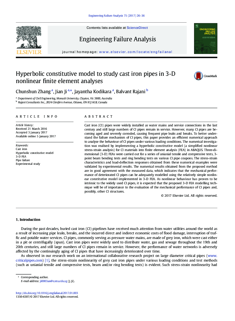 Hyperbolic constitutive model to study cast iron pipes in 3-D nonlinear finite element analyses