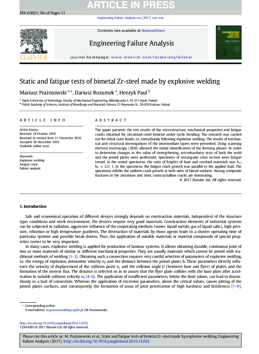 Static and fatigue tests of bimetal Zr-steel made by explosive welding