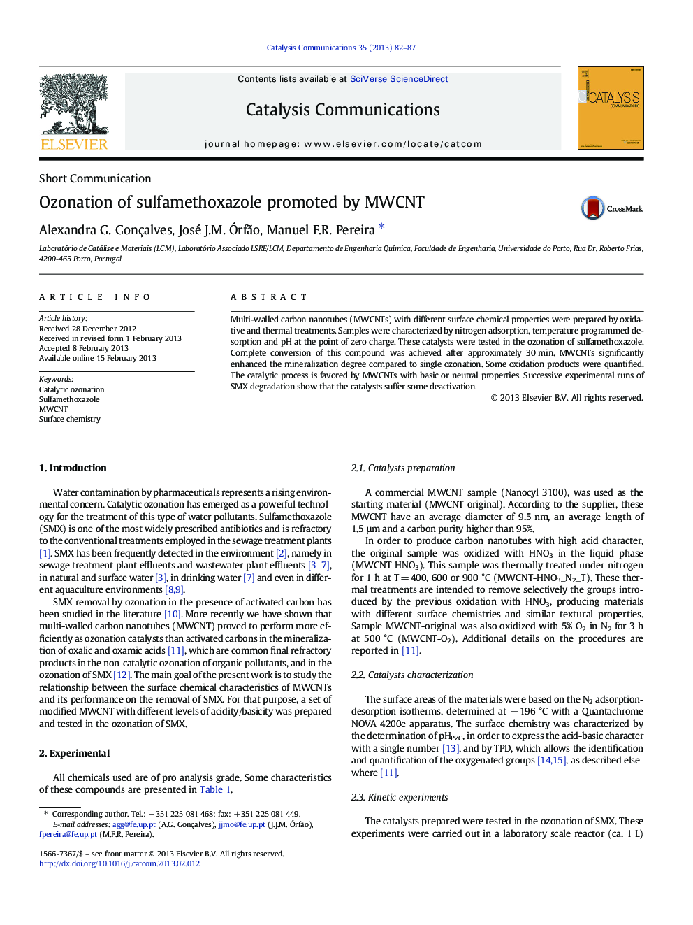 Ozonation of sulfamethoxazole promoted by MWCNT