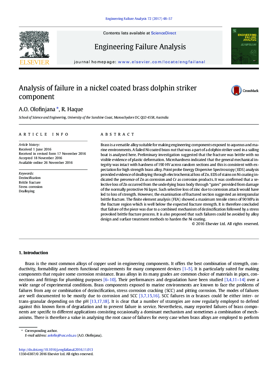 Analysis of failure in a nickel coated brass dolphin striker component