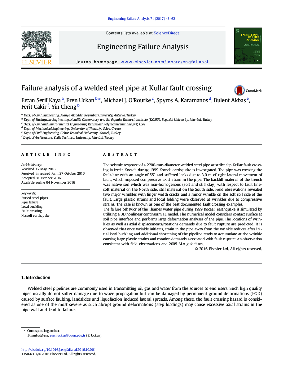 Failure analysis of a welded steel pipe at Kullar fault crossing