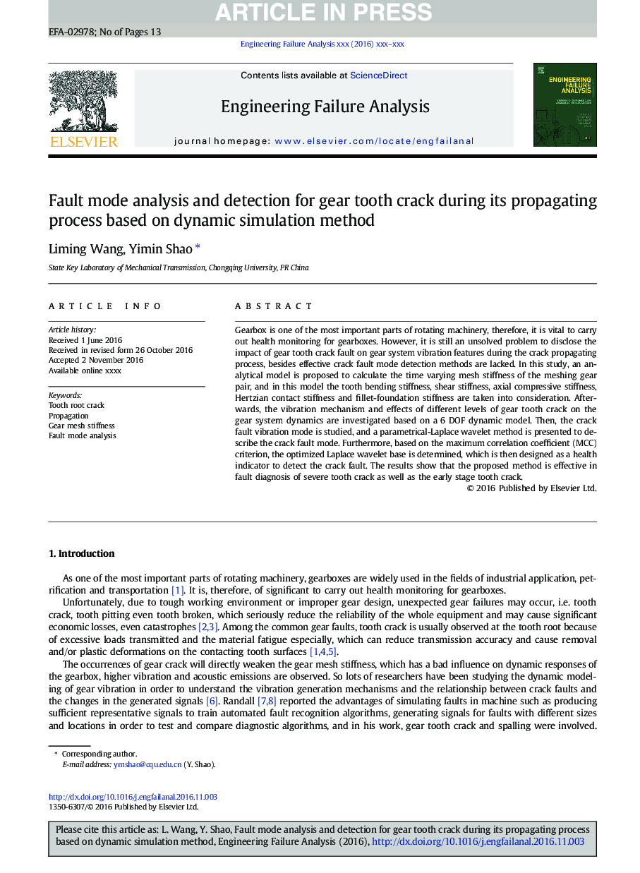 Fault mode analysis and detection for gear tooth crack during its propagating process based on dynamic simulation method