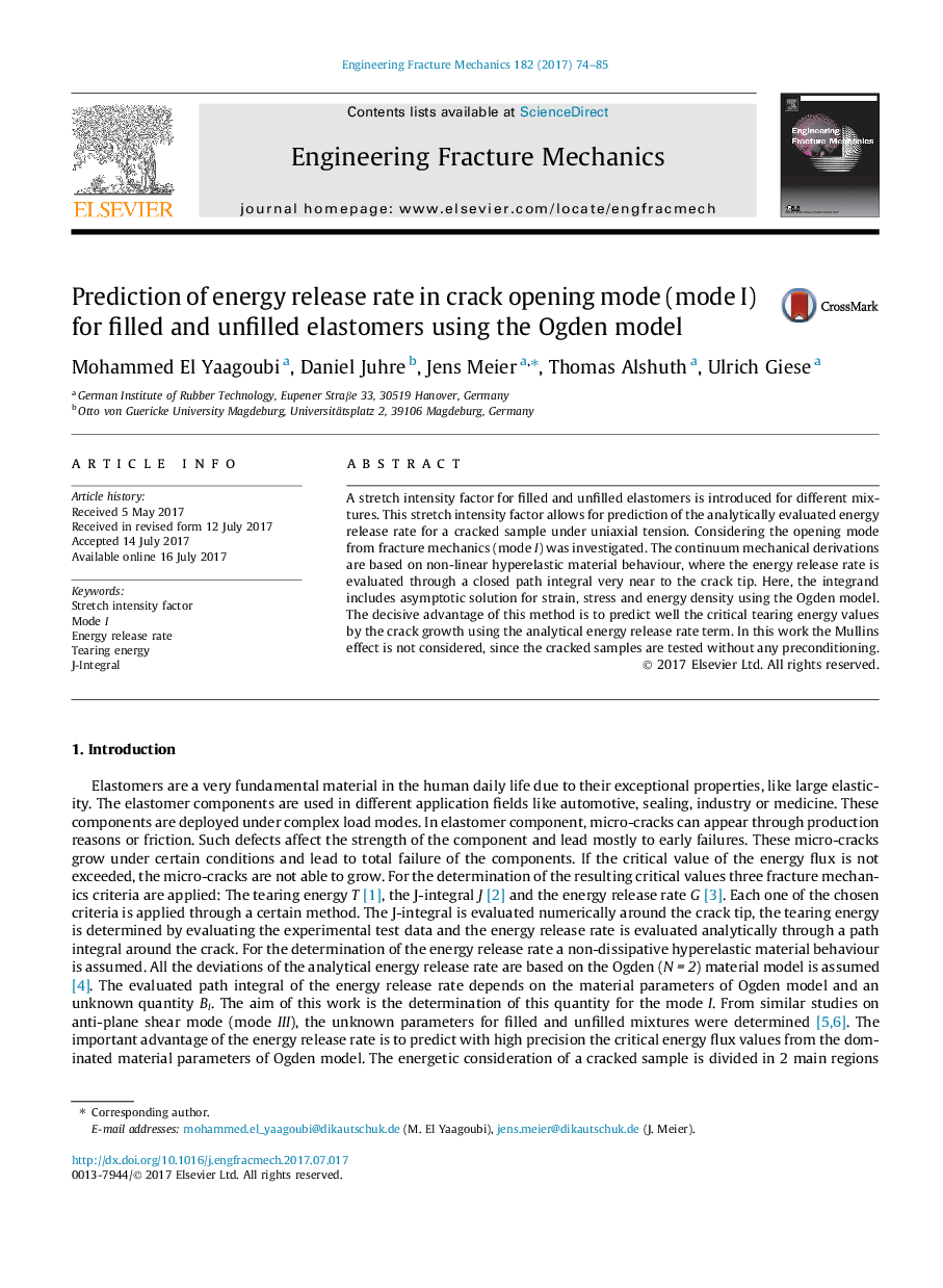 Prediction of energy release rate in crack opening mode (mode I) for filled and unfilled elastomers using the Ogden model