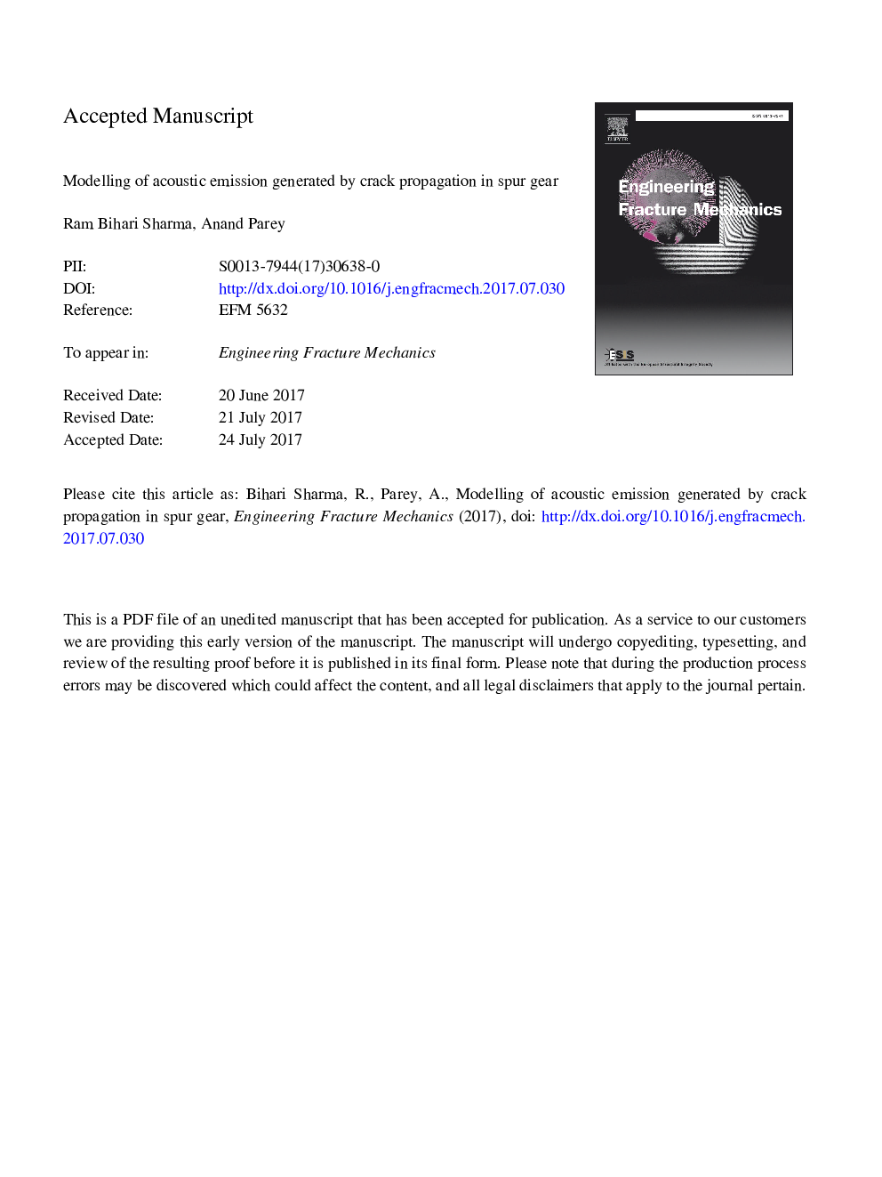 Modelling of acoustic emission generated by crack propagation in spur gear