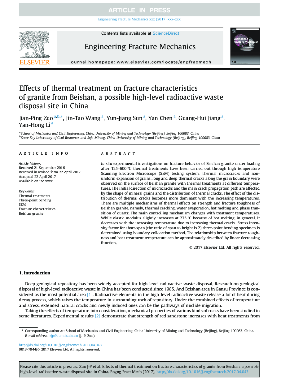 Effects of thermal treatment on fracture characteristics of granite from Beishan, a possible high-level radioactive waste disposal site in China