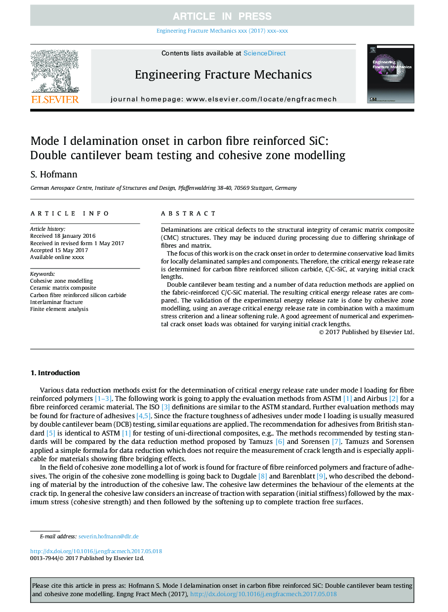 Mode I delamination onset in carbon fibre reinforced SiC: Double cantilever beam testing and cohesive zone modelling