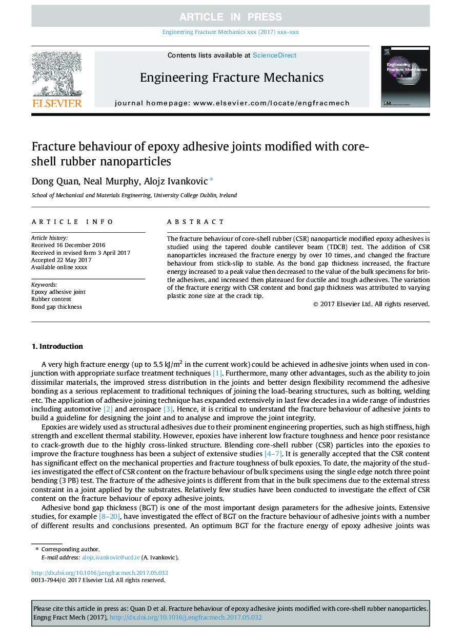 Fracture behaviour of epoxy adhesive joints modified with core-shell rubber nanoparticles