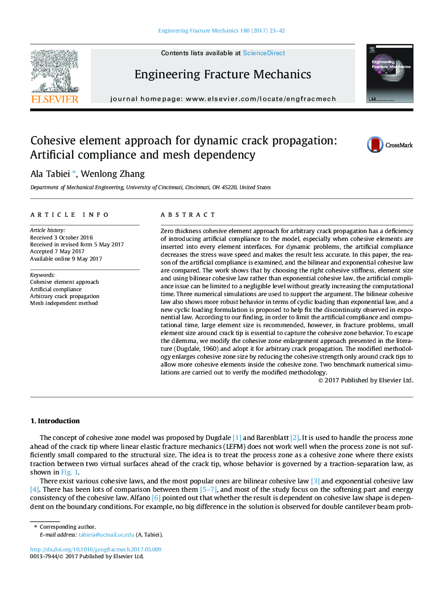 Cohesive element approach for dynamic crack propagation: Artificial compliance and mesh dependency