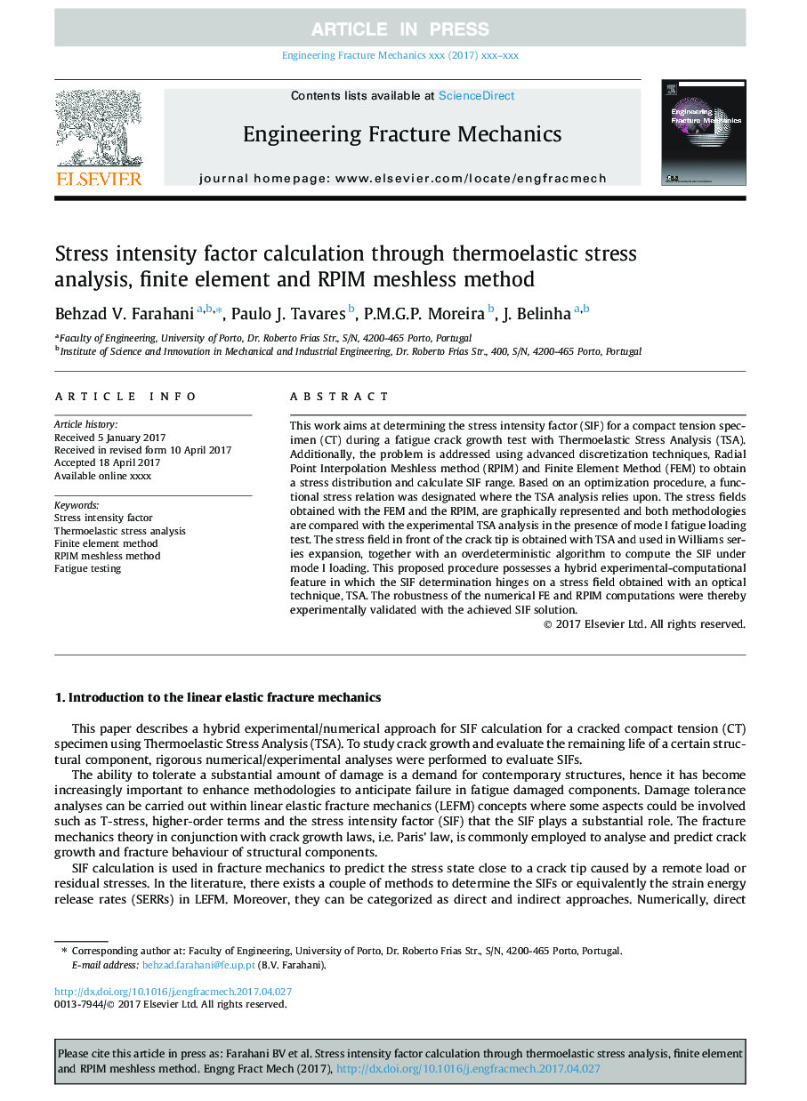 Stress intensity factor calculation through thermoelastic stress analysis, finite element and RPIM meshless method