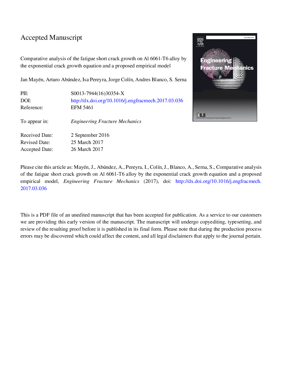 Comparative analysis of the fatigue short crack growth on Al 6061-T6 alloy by the exponential crack growth equation and a proposed empirical model