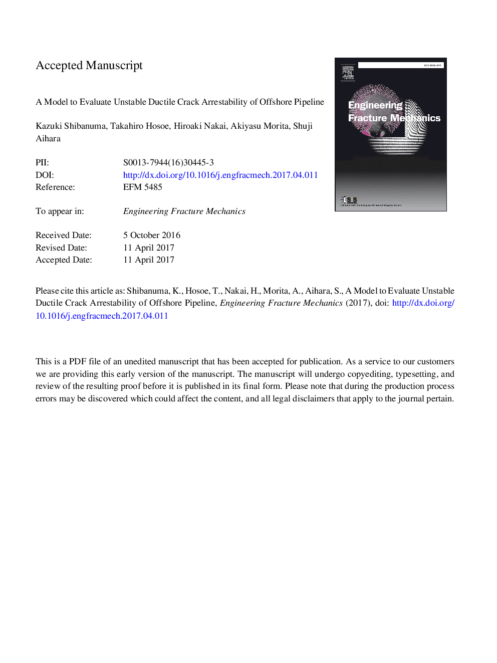 A model to evaluate unstable ductile crack arrestability of offshore pipeline