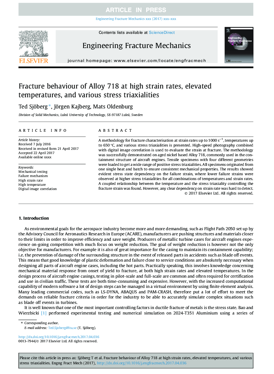 Fracture behaviour of Alloy 718 at high strain rates, elevated temperatures, and various stress triaxialities