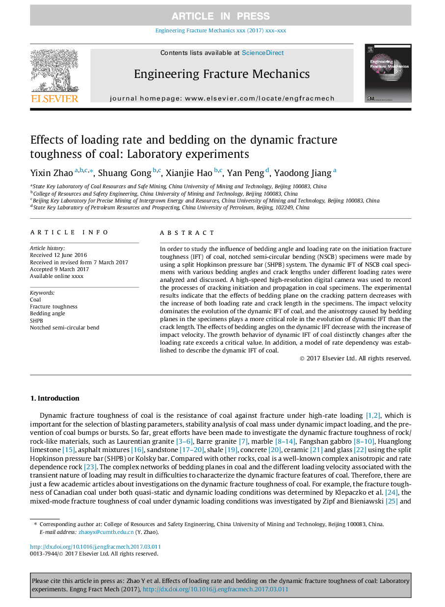 Effects of loading rate and bedding on the dynamic fracture toughness of coal: Laboratory experiments