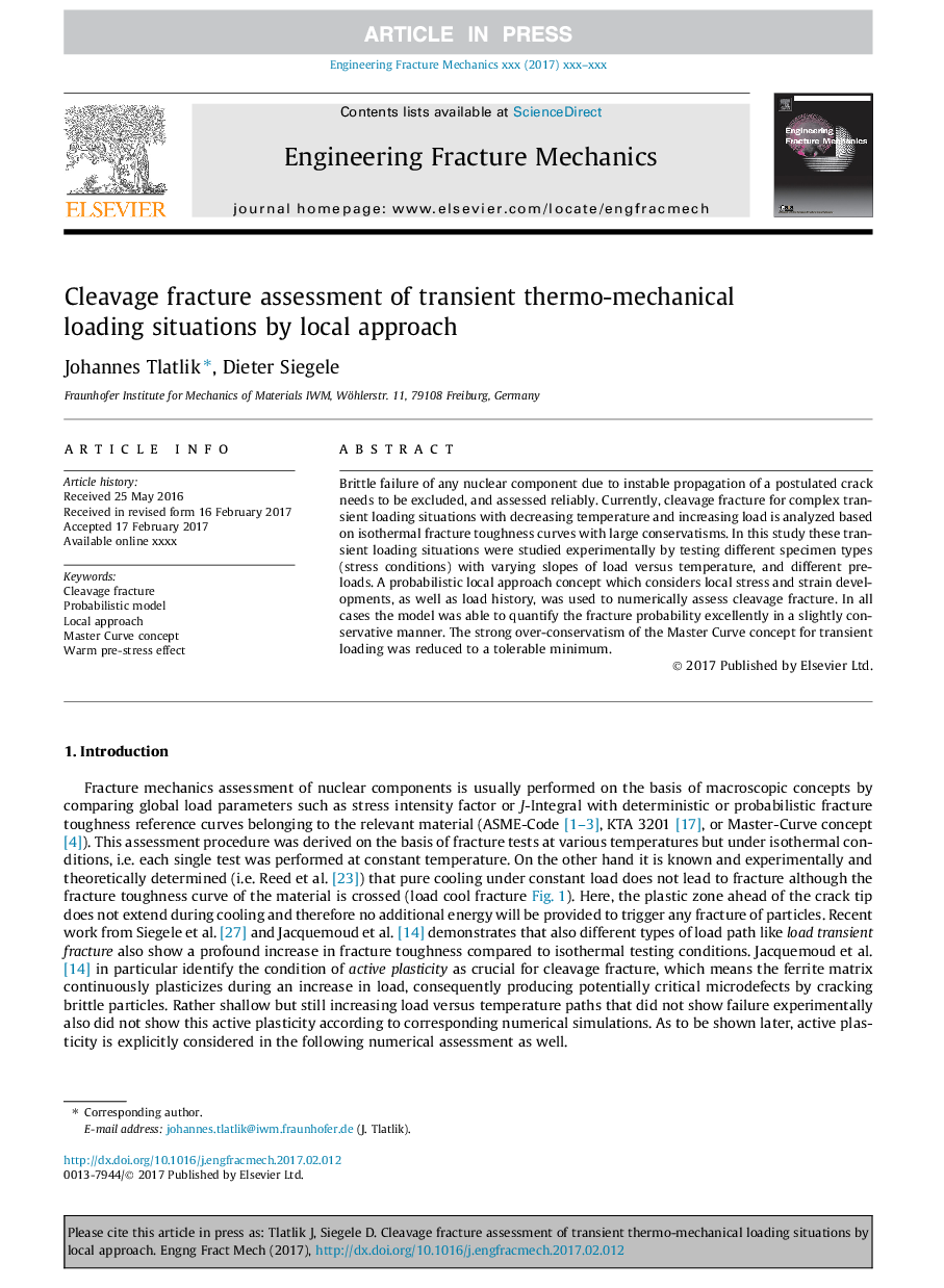 Cleavage fracture assessment of transient thermo-mechanical loading situations by local approach