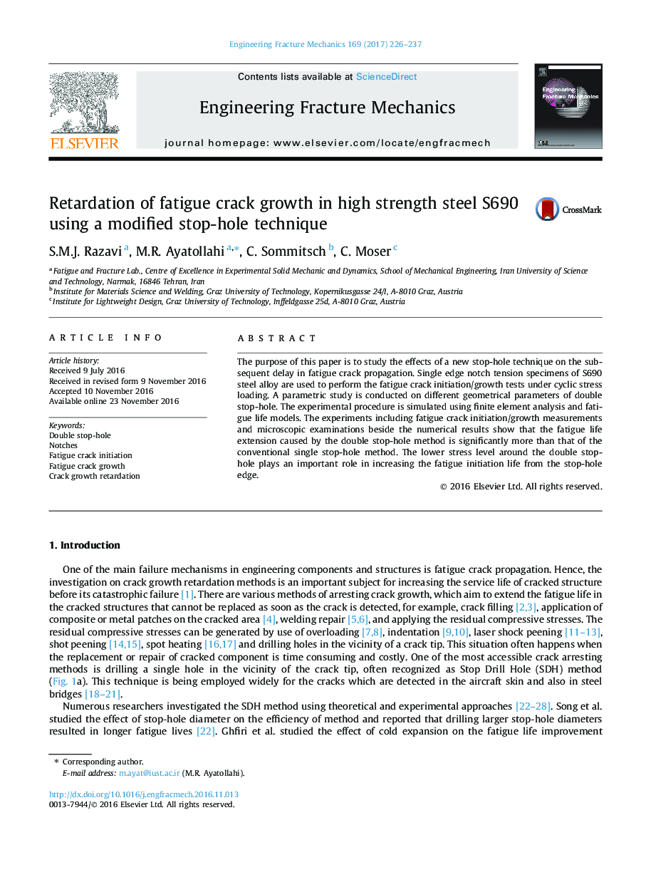 Retardation of fatigue crack growth in high strength steel S690 using a modified stop-hole technique