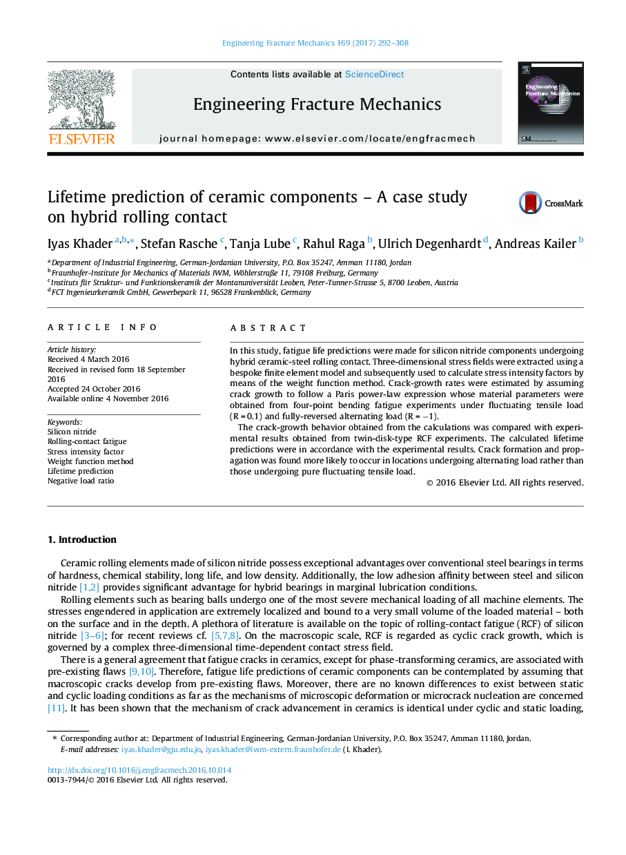 Lifetime prediction of ceramic components - A case study on hybrid rolling contact