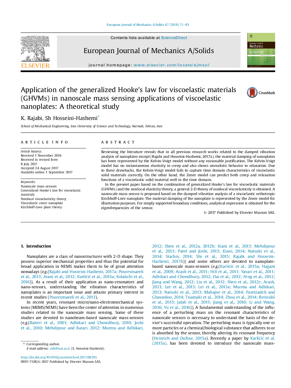 Application of the generalized Hooke's law for viscoelastic materials (GHVMs) in nanoscale mass sensing applications of viscoelastic nanoplates: A theoretical study