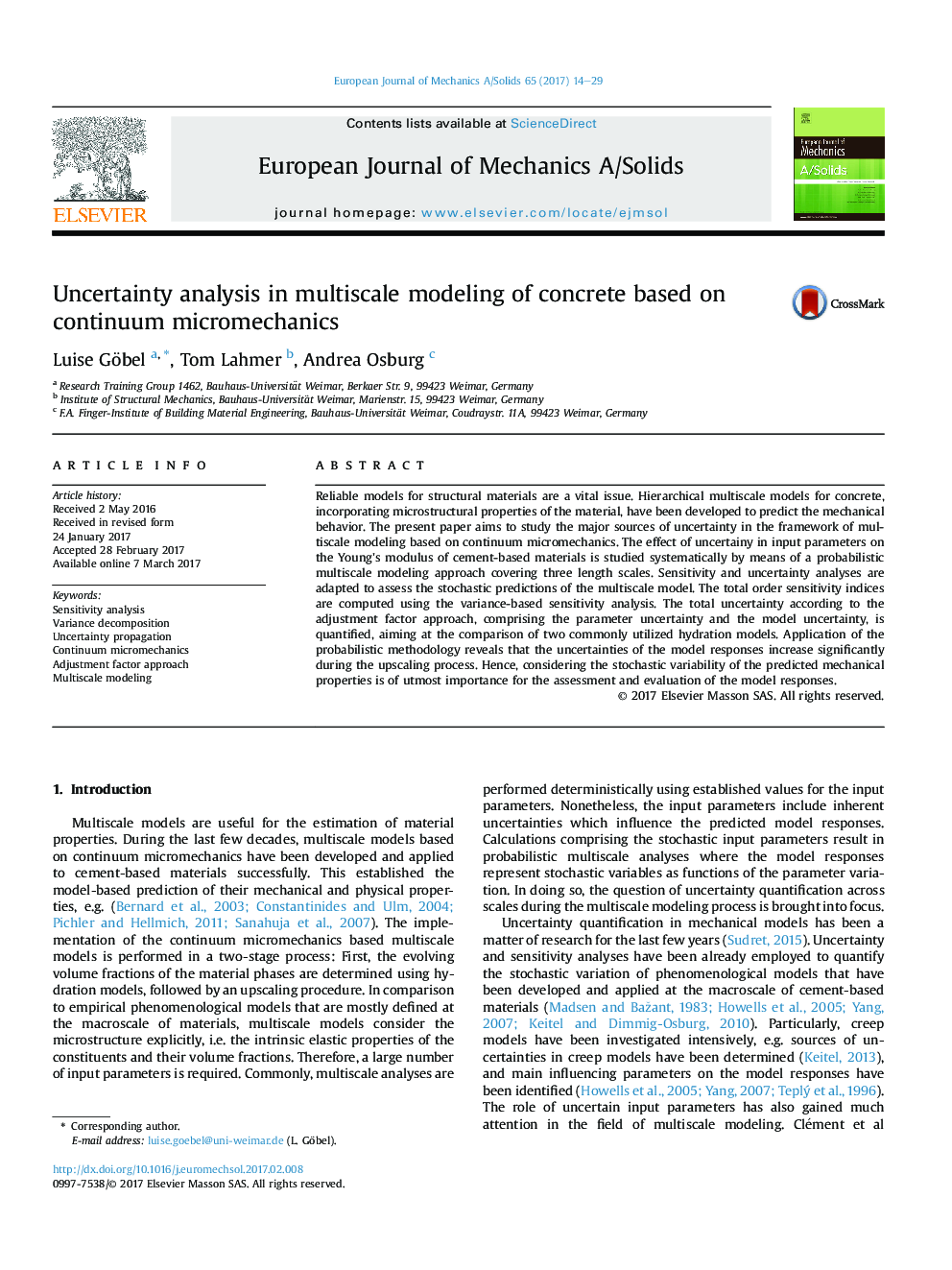 Uncertainty analysis in multiscale modeling of concrete based on continuum micromechanics