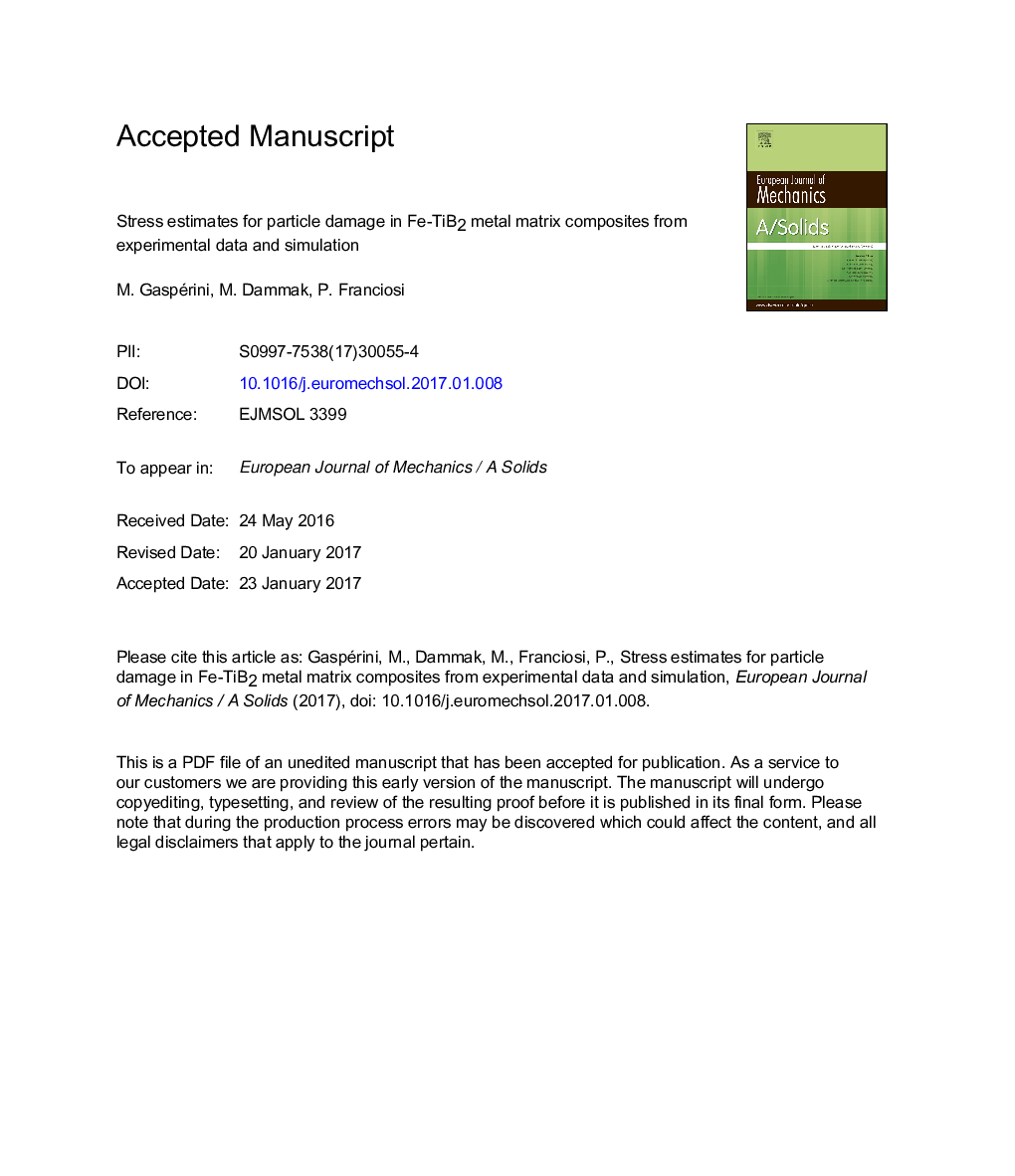 Stress estimates for particle damage in Fe-TiB2 metal matrix composites from experimental data and simulation