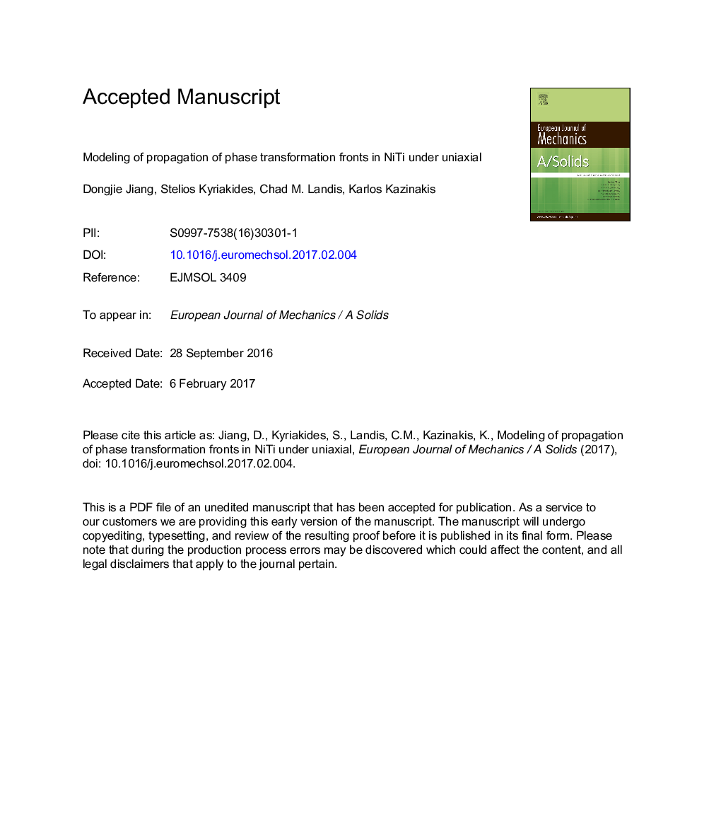 Modeling of propagation of phase transformation fronts in NiTi under uniaxial tension