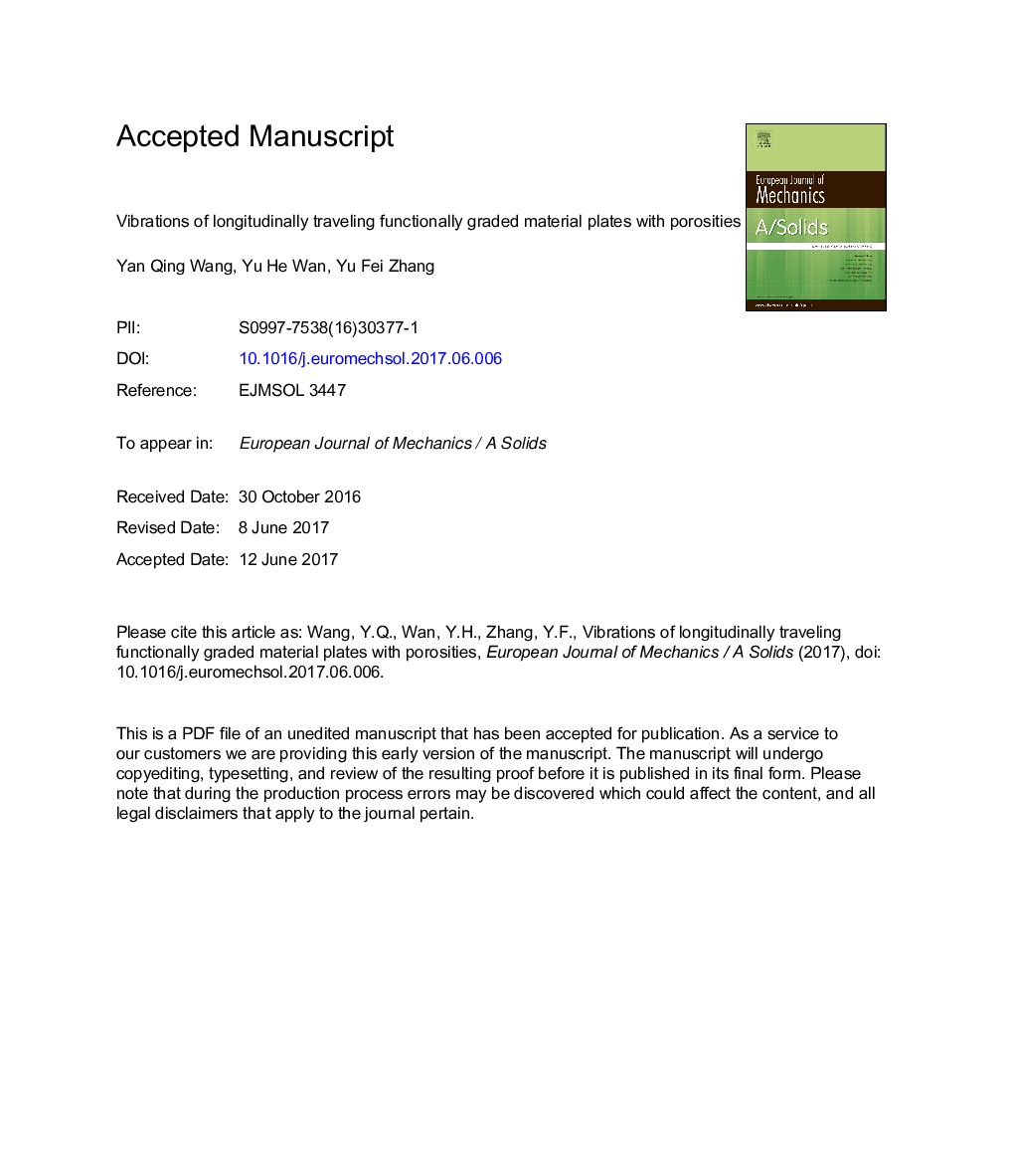 Vibrations of longitudinally traveling functionally graded material plates with porosities