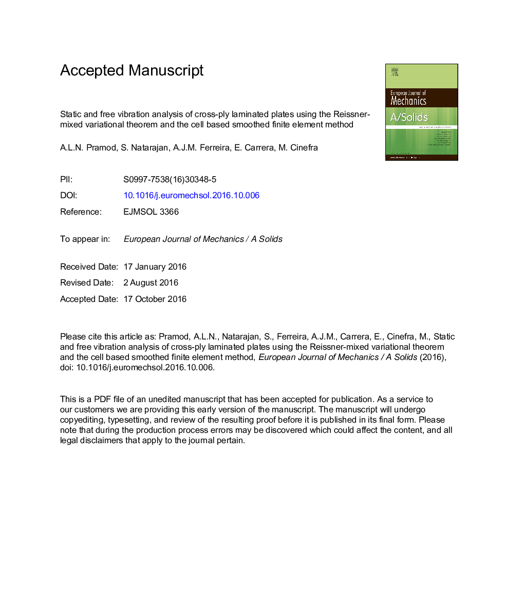 Static and free vibration analysis of cross-ply laminated plates using the Reissner-mixed variational theorem and the cell based smoothed finite element method