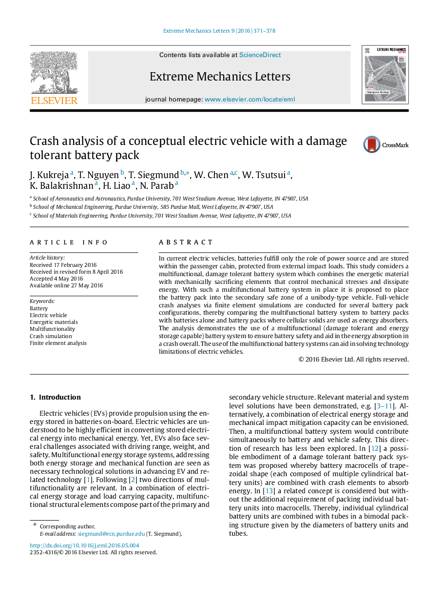 Crash analysis of a conceptual electric vehicle with a damage tolerant battery pack