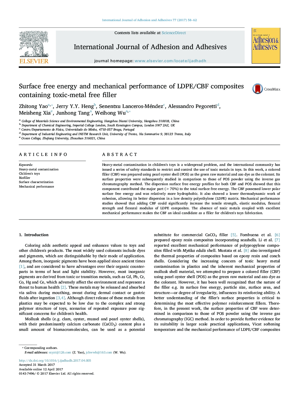 Surface free energy and mechanical performance of LDPE/CBF composites containing toxic-metal free filler