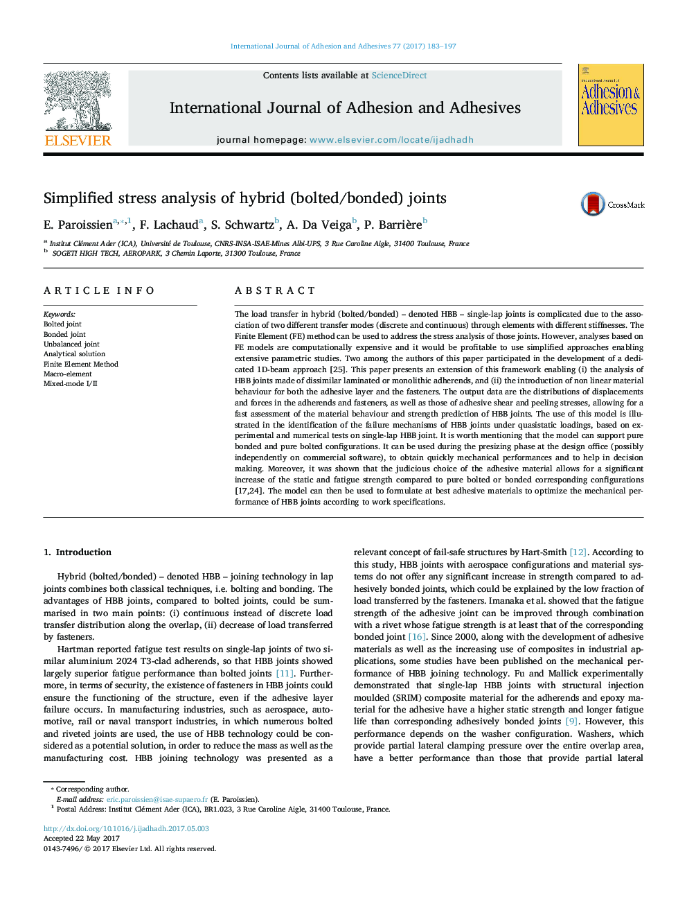 Simplified stress analysis of hybrid (bolted/bonded) joints