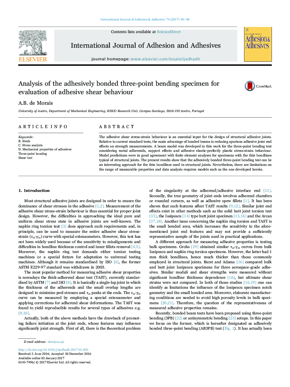 Analysis of the adhesively bonded three-point bending specimen for evaluation of adhesive shear behaviour