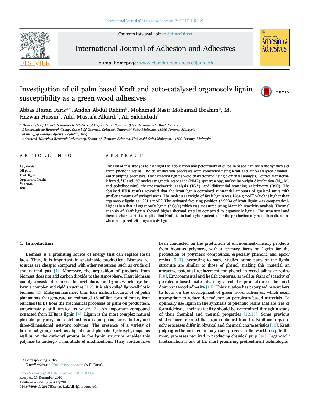 Investigation of oil palm based Kraft and auto-catalyzed organosolv lignin susceptibility as a green wood adhesives