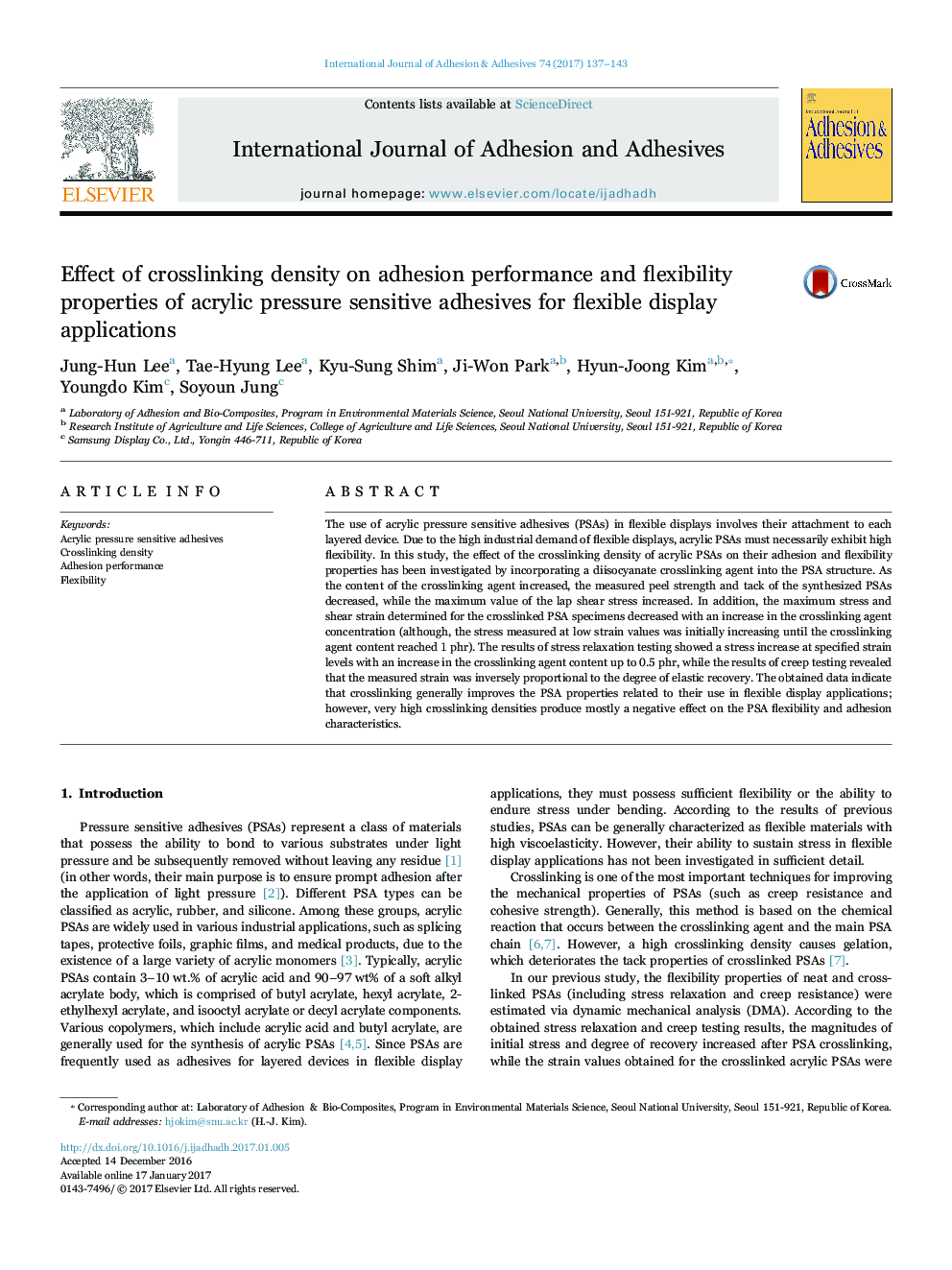 Effect of crosslinking density on adhesion performance and flexibility properties of acrylic pressure sensitive adhesives for flexible display applications