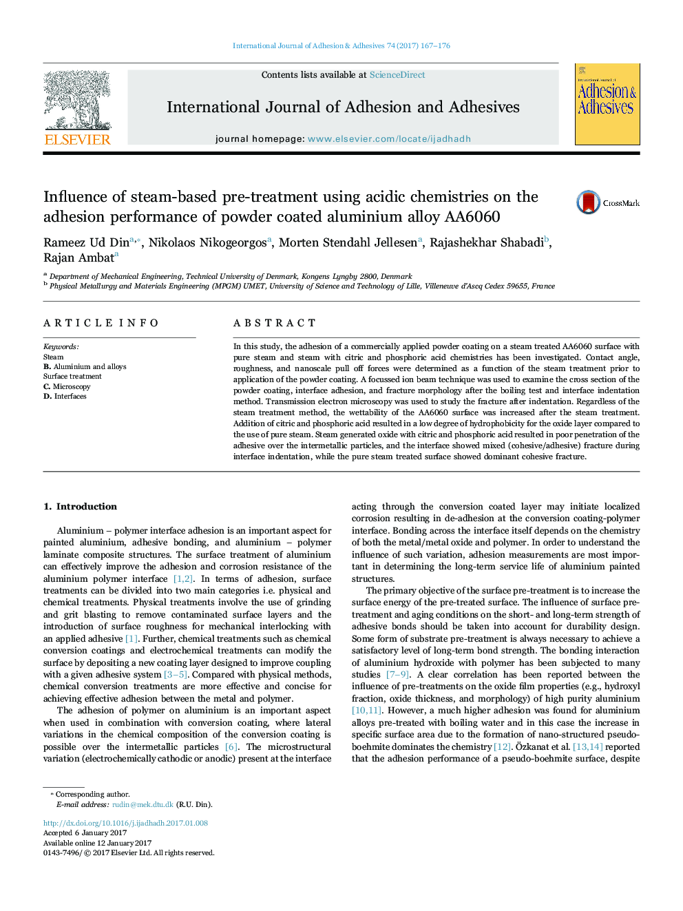 Influence of steam-based pre-treatment using acidic chemistries on the adhesion performance of powder coated aluminium alloy AA6060