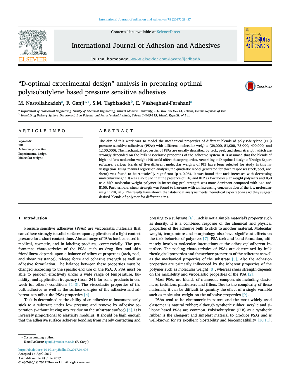 “D-optimal experimental design” analysis in preparing optimal polyisobutylene based pressure sensitive adhesives