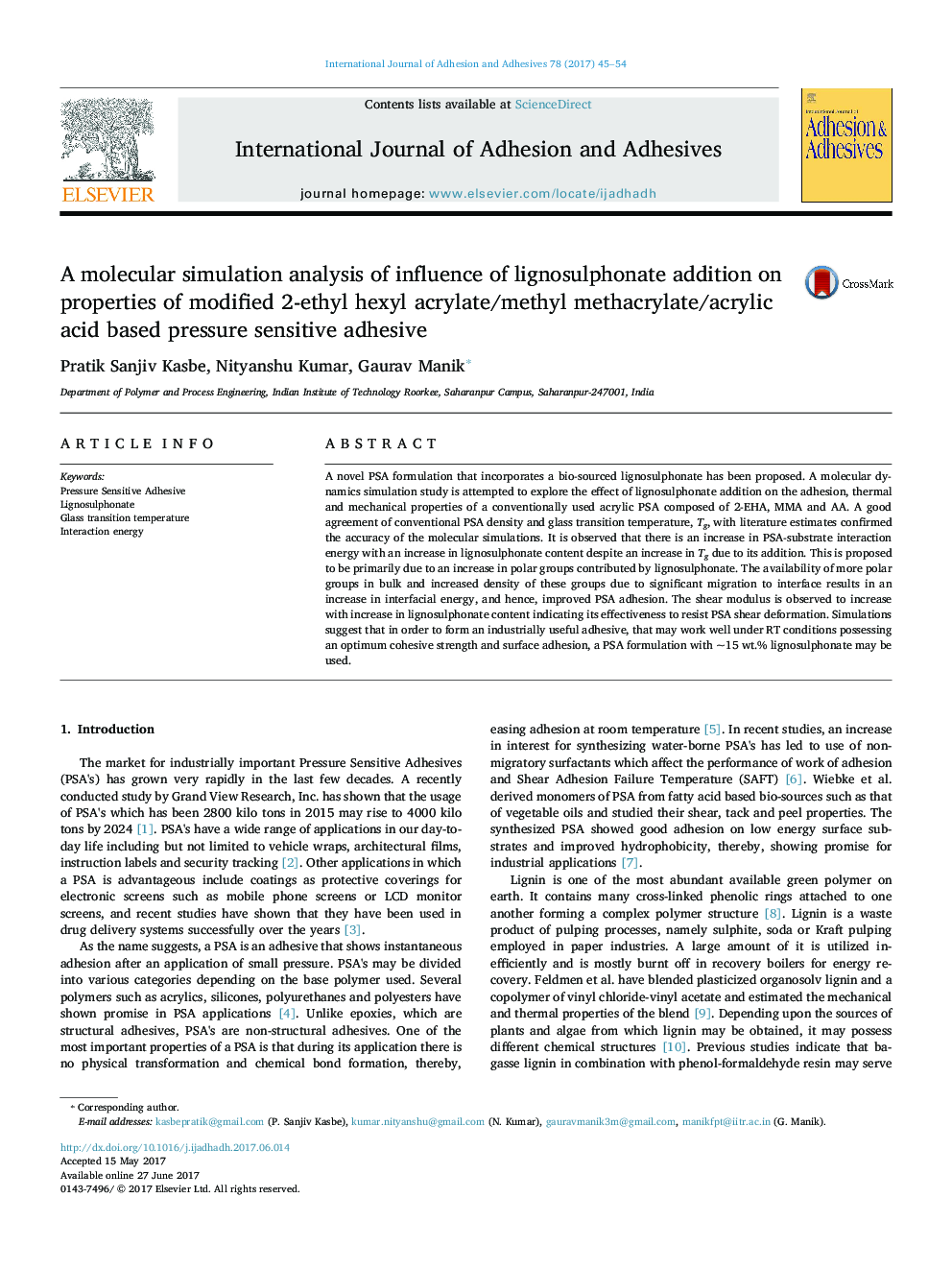 A molecular simulation analysis of influence of lignosulphonate addition on properties of modified 2-ethyl hexyl acrylate/methyl methacrylate/acrylic acid based pressure sensitive adhesive