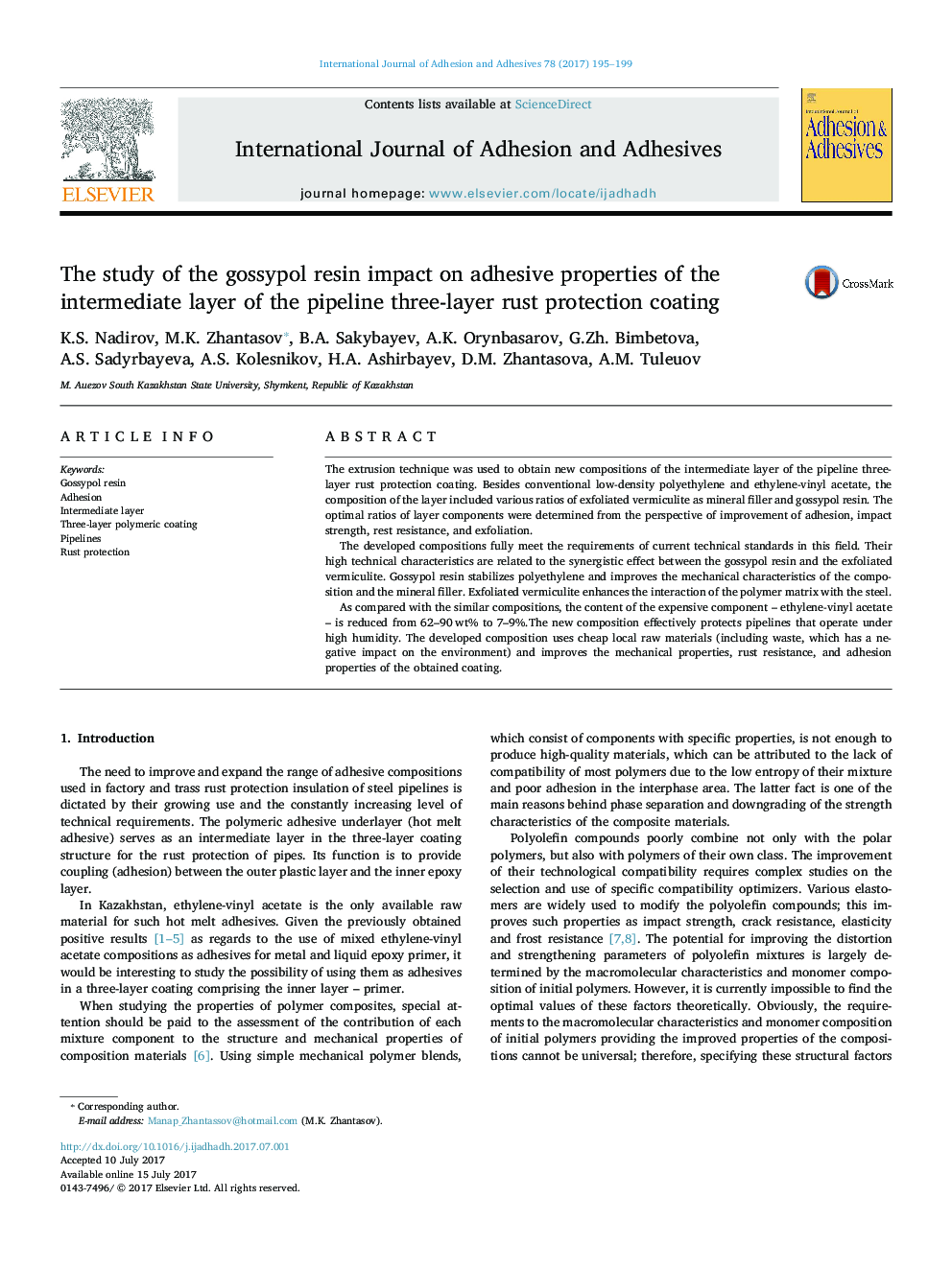 The study of the gossypol resin impact on adhesive properties of the intermediate layer of the pipeline three-layer rust protection coating